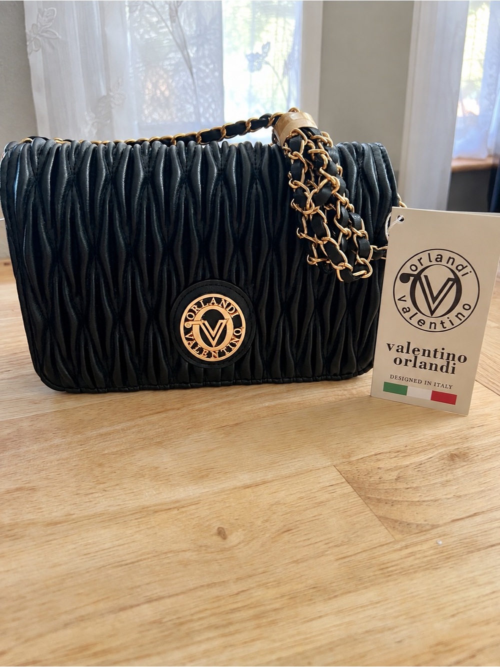 Valentino Orlandi Black Quilted Shoulder Bag with Gold Chain